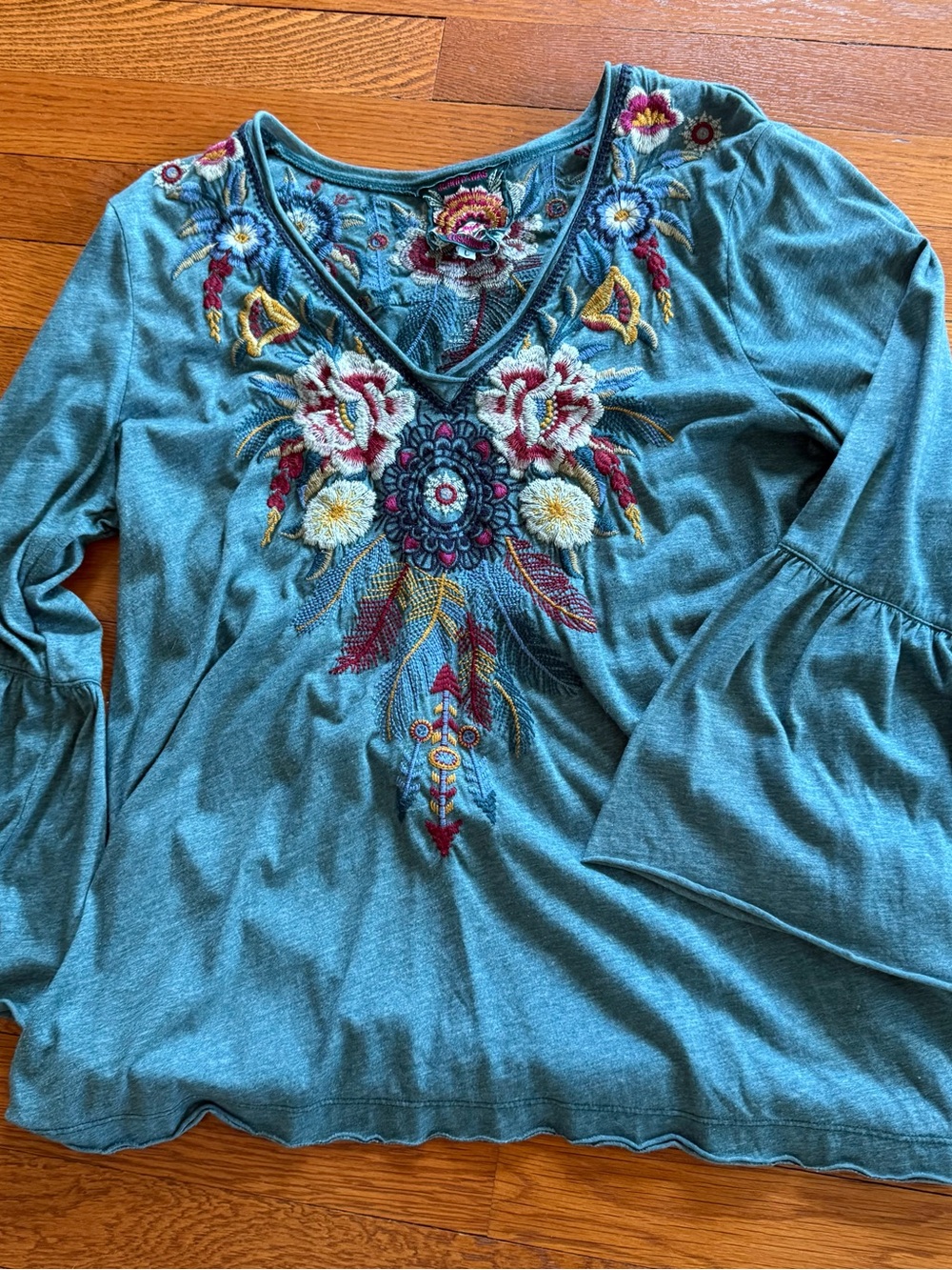 Johnny Was V-Neck Long Sleeve Top with Multicolor Floral Embroidery